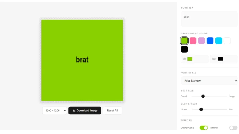 Brat Meme Generator interface showing bold Brat-style text on a neon background