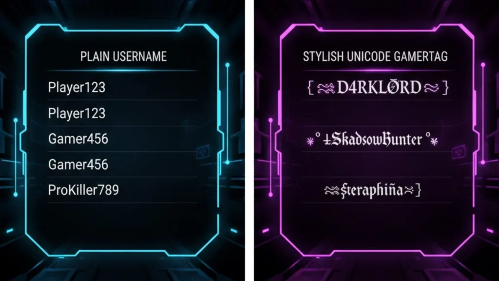 Cool Font Generator for Gaming Usernames (Free 2026) 2 Comparison between normal gaming username and stylish Unicode gamer name in competitive lobby