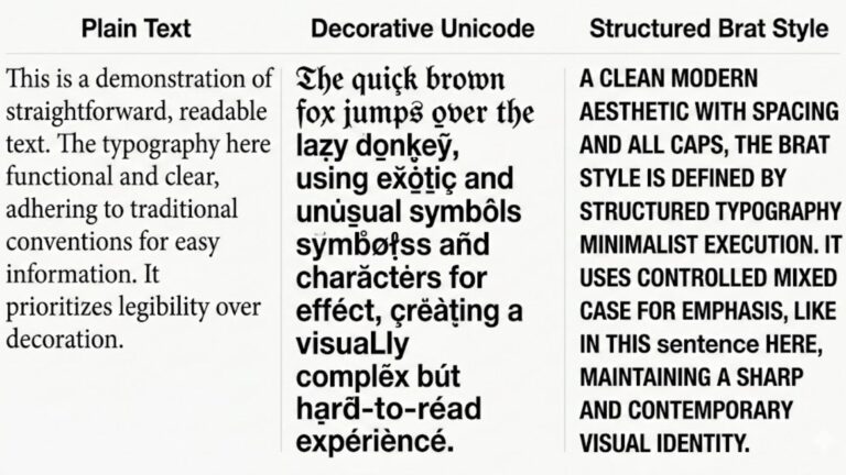 Brat Style Text Generator – Aesthetic Formatting & Structured Text Styles Online 8 Comparison-between-plain-text-decorative-Unicode-text-and-structured-brat-style-formatting-with-controlled-spacing-and-capitalization.