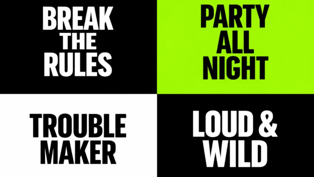 Examples of brat style typography in bold uppercase minimalist layout