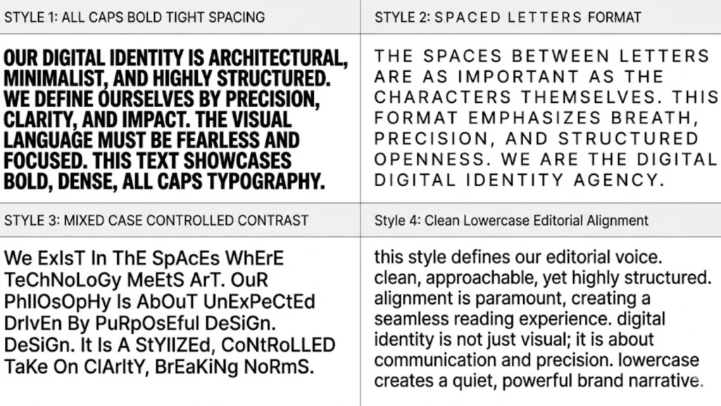 Brat Style Text Generator – Aesthetic Formatting & Structured Text Styles Online 3 Grid layout showing four brat style text structures including all caps format spaced letters mixed capitalization and clean lowercase alignment