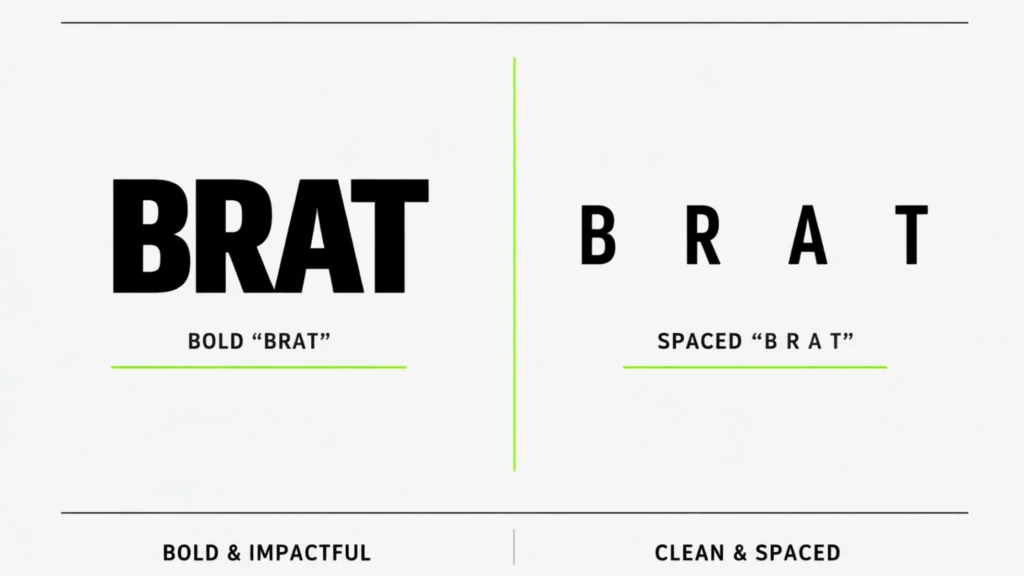 Minimal brat typography style comparison showing bold uppercase and spaced text layout