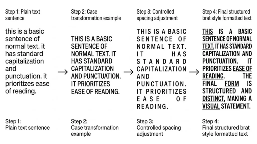 Brat Style Text Generator – Aesthetic Formatting & Structured Text Styles Online 2 Step by step breakdown showing how plain text transforms into structured brat style formatting using case and spacing rules