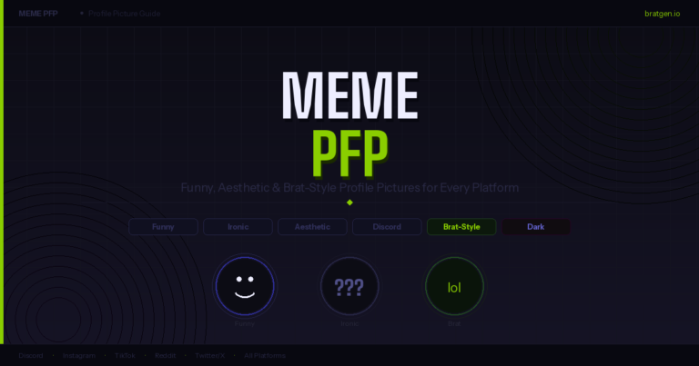 Meme pfp collection showing funny, ironic, Brat-style and aesthetic profile picture formats for Discord and Instagram