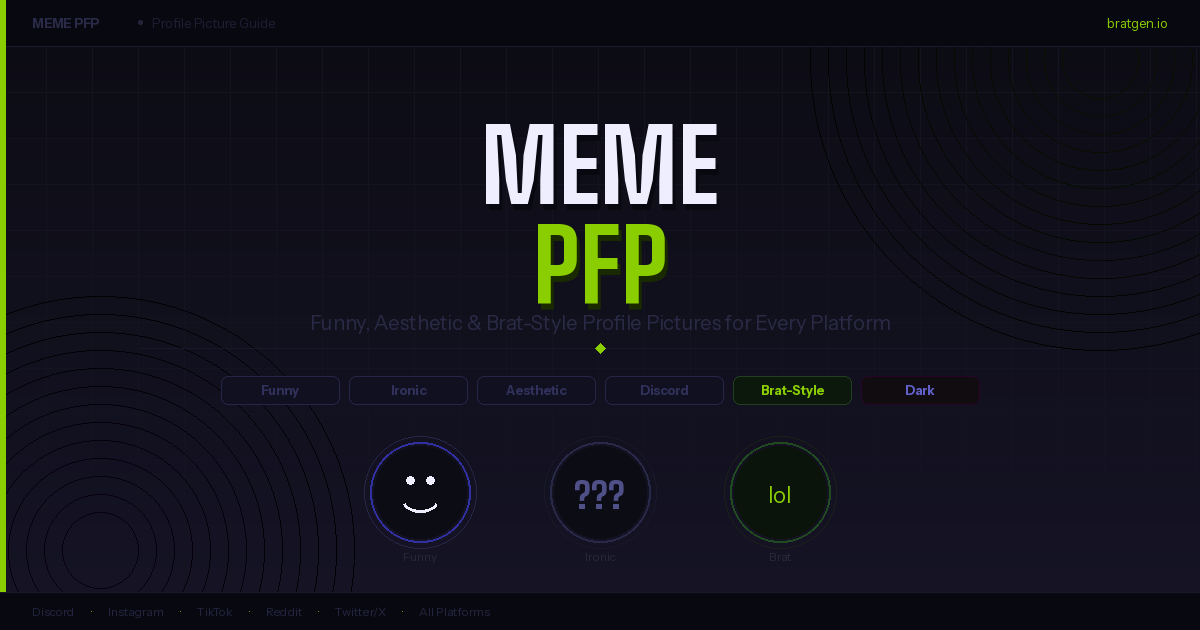 Meme pfp collection showing funny, ironic, Brat-style and aesthetic profile picture formats for Discord and Instagram