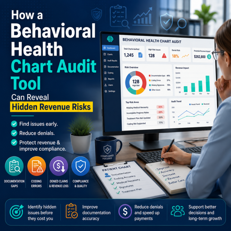 Healthcare administrator reviewing behavioral health audit charts and revenue analytics on a computer dashboard
