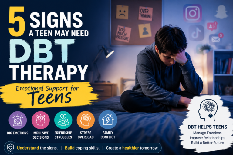 Teen sitting alone feeling emotionally overwhelmed while learning emotional coping and DBT therapy support techniques