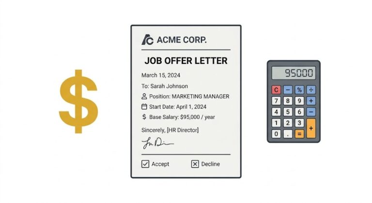 Salary to hourly rate calculator beside a job offer letter on white background 