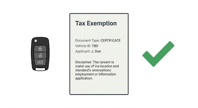 Car tax exemption document and car key on white background 