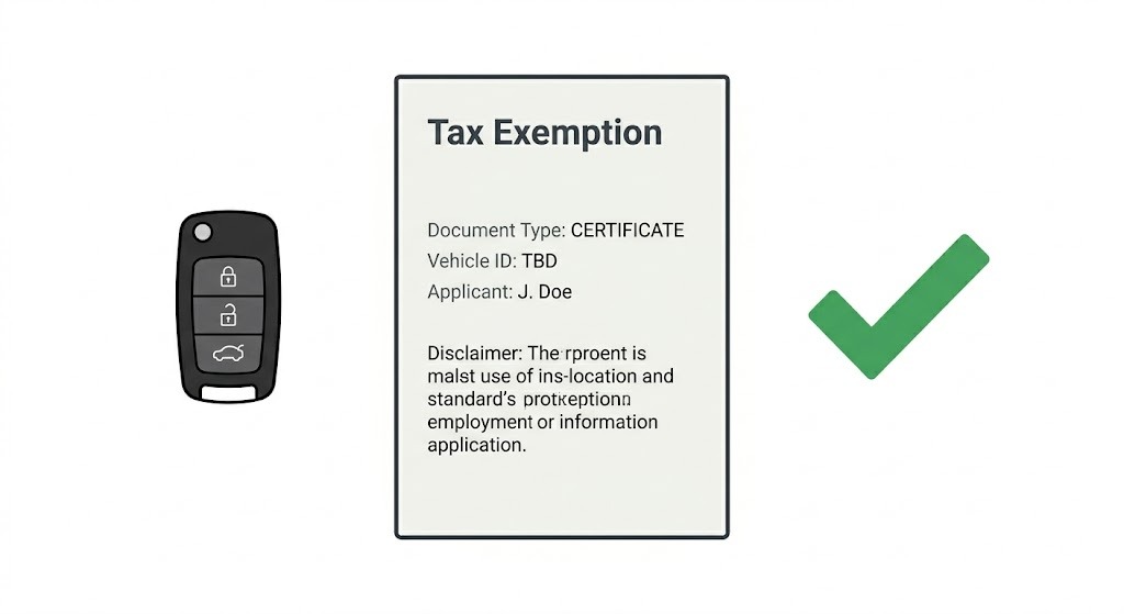 Car tax exemption document and car key on white background 