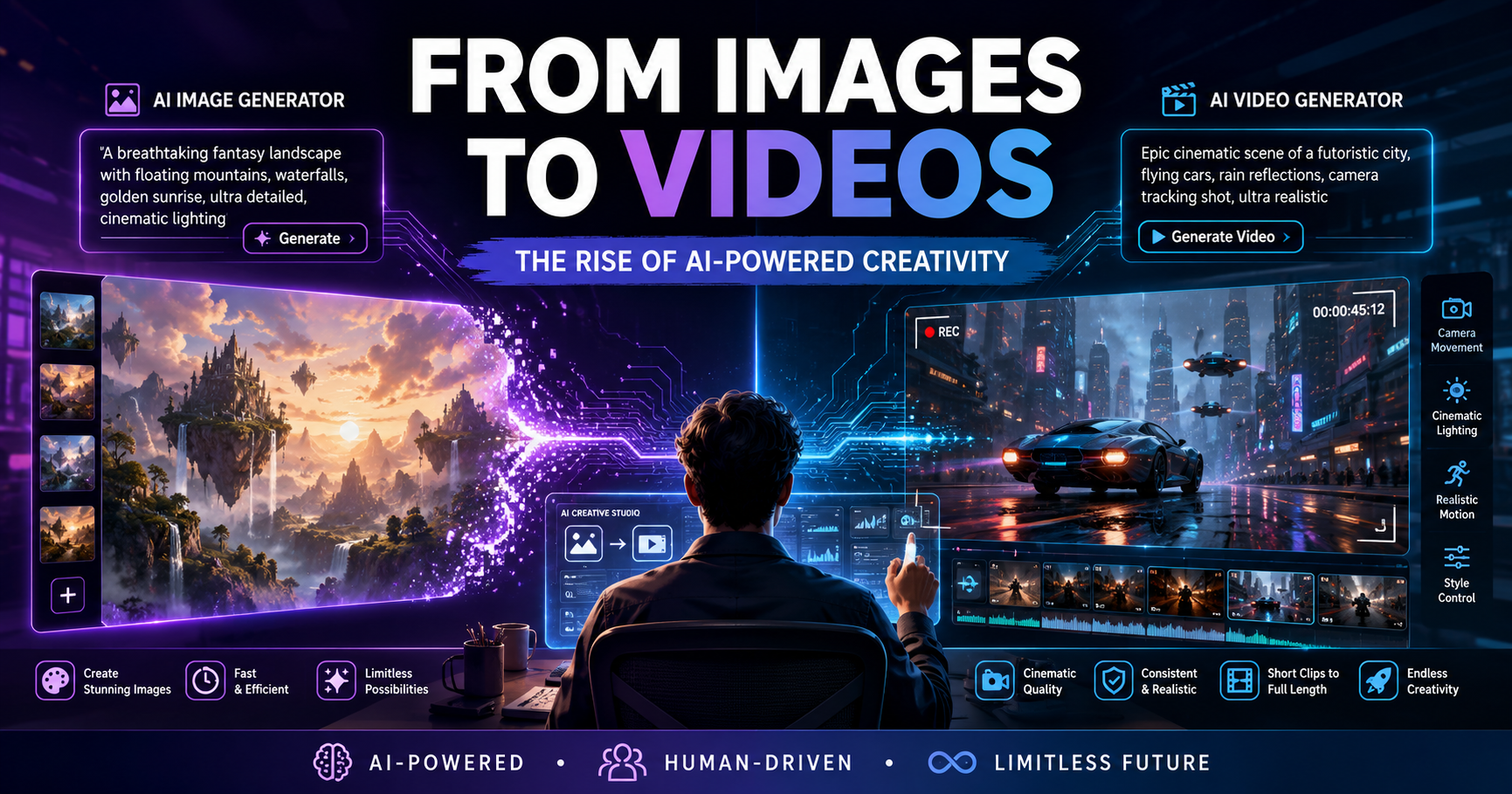 AI image generator and AI video generator illustrating the rise of AI-powered creativity in digital content creation.