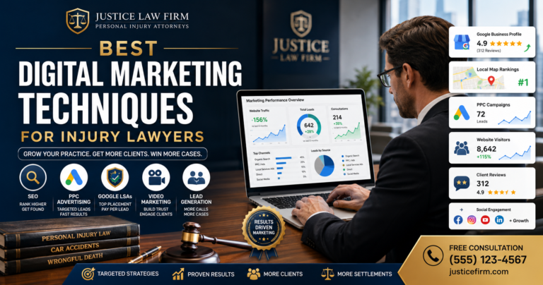 Best Digital Marketing Techniques for Injury Lawyers in 2026 showing SEO, PPC advertising, Google Business Profile optimization, video marketing, and legal lead generation strategies.