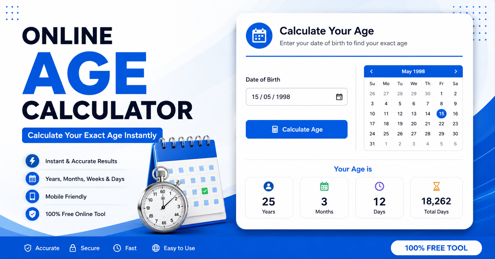 Online Age Calculator with Instant Output 1 Online Age Calculator with Instant Output showing exact age calculation in years months and days.