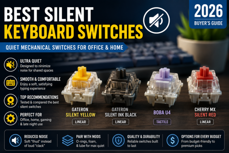 Best silent keyboard switches comparison including Gateron Silent Yellow, Boba U4, Cherry MX Silent Red, and Silent Ink Black for quiet mechanical keyboards.