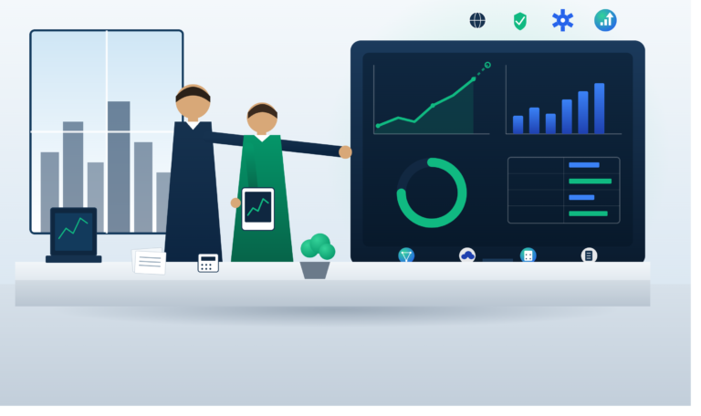 Illustration of a CEO and financial advisor at a modern office console, analyzing a large blue-and-emerald dashboard screen with an upward growth chart, cash flow bars, an ROI gauge, and a budgeting table — surrounded by subtle icons for AI analytics, cloud accounting, compliance, and business scaling.