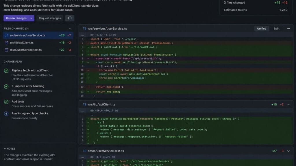 AI coding assistant proposing a multi-file code change for review