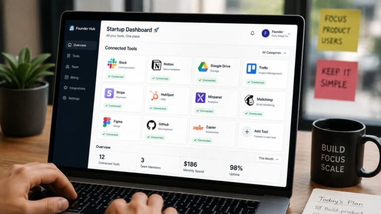Best SaaS tools for startups shown on a founder's dashboard