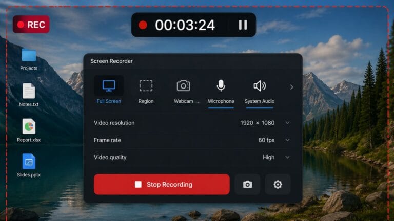 Best free screen recording software interface with recording indicator