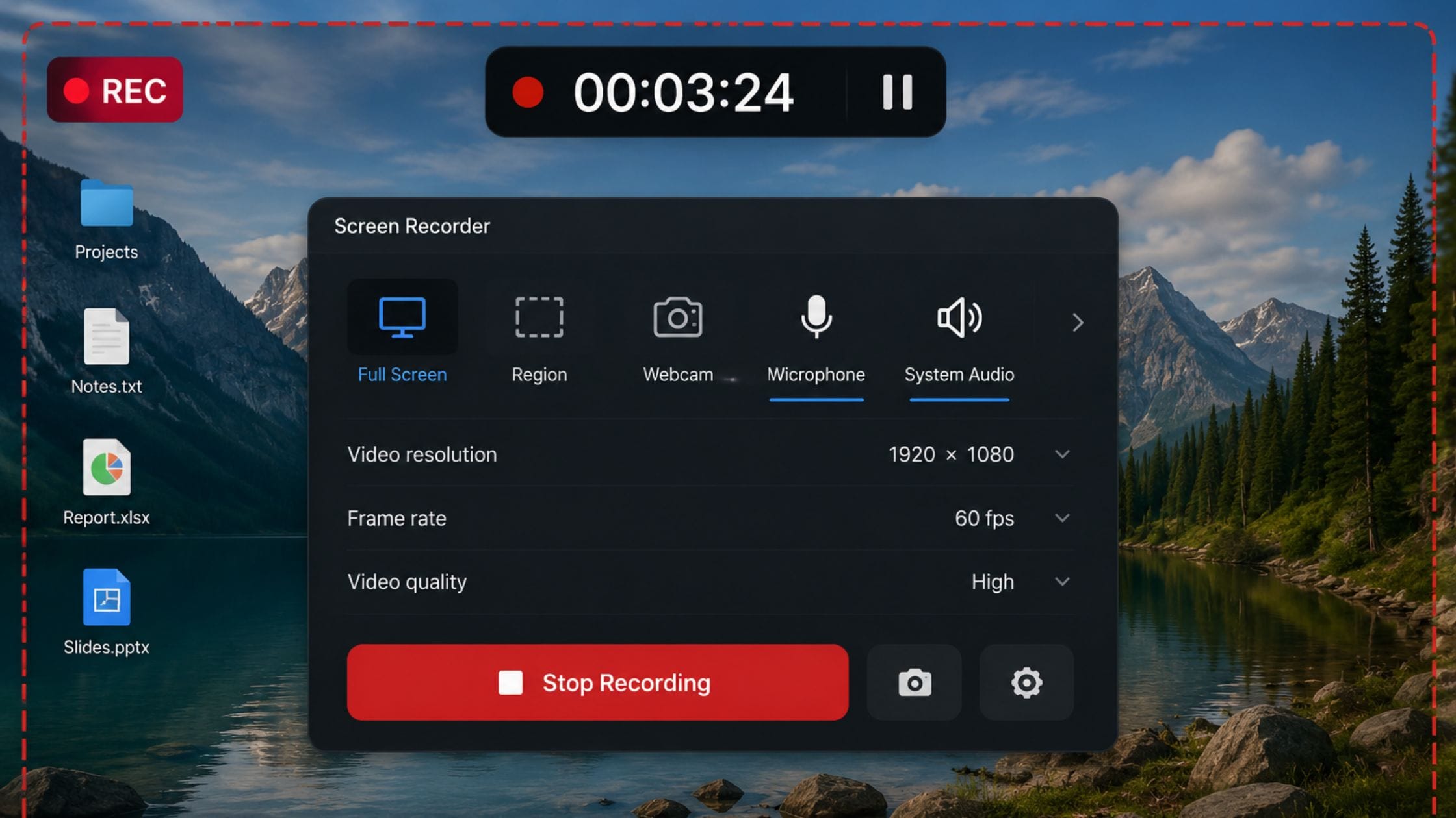 Best free screen recording software interface with recording indicator