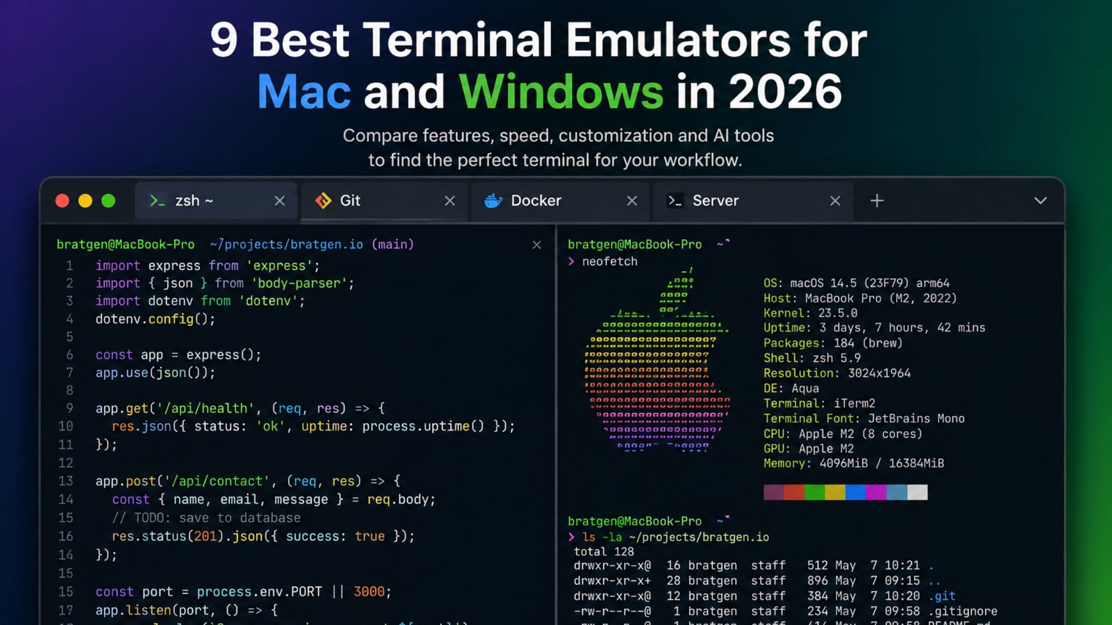 Best terminal emulators comparison shown in a split pane terminal window with multiple tabs and colorful syntax highlighting.