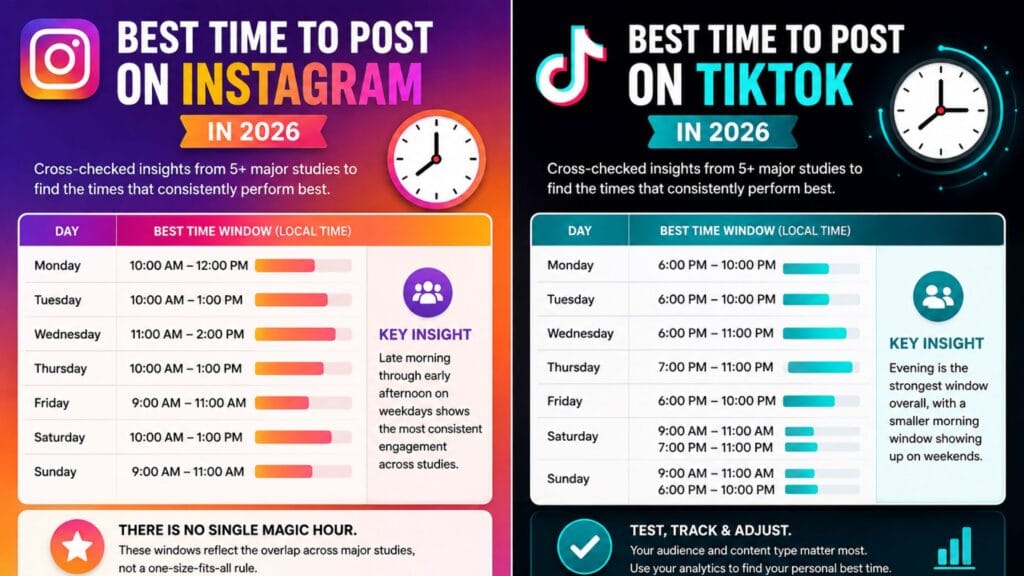 Best time to post on Instagram and TikTok in 2026 comparing recommended posting windows by day based on major studies