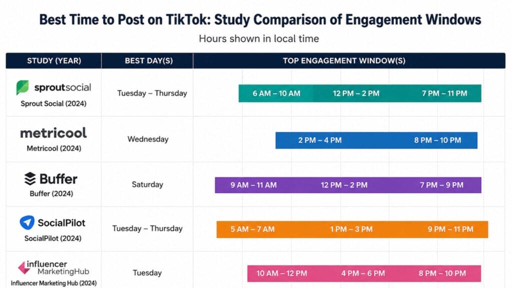 Best time to post on TikTok study comparison chart