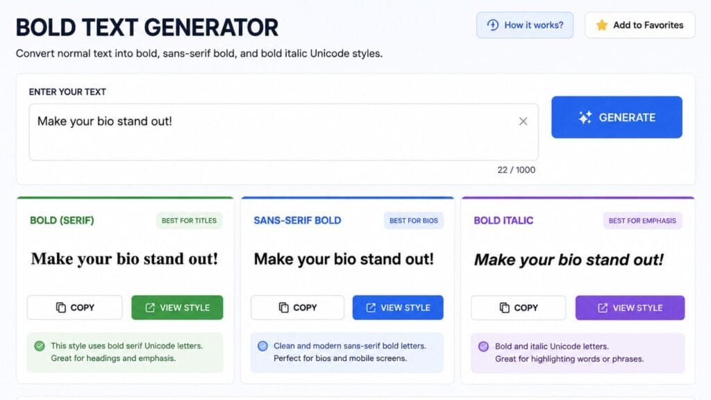 Bold text generator comparing bold sans-serif and bold italic styles
