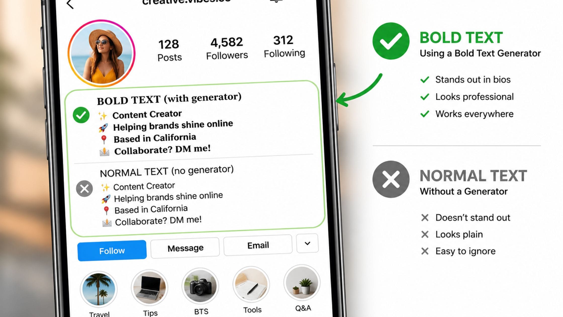 Bold text generator example shown in an Instagram bio