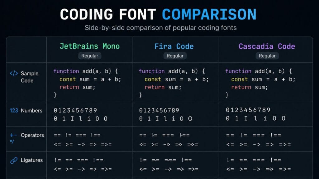 JetBrains Mono Fira Code and Cascadia Code coding font comparison