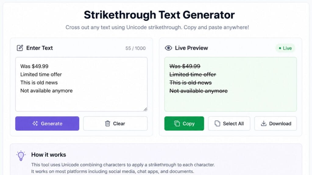Strikethrough Text Generator: Best Free Tools in 2026 3 Strikethrough text generator tool with live crossed out text preview
