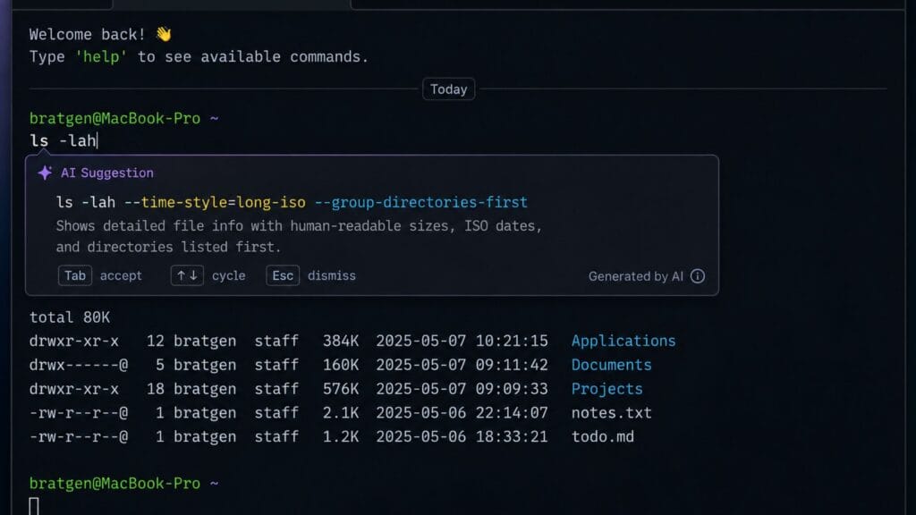Terminal emulator AI command suggestion feature example showing an inline AI assisted command recommendation in a modern terminal window