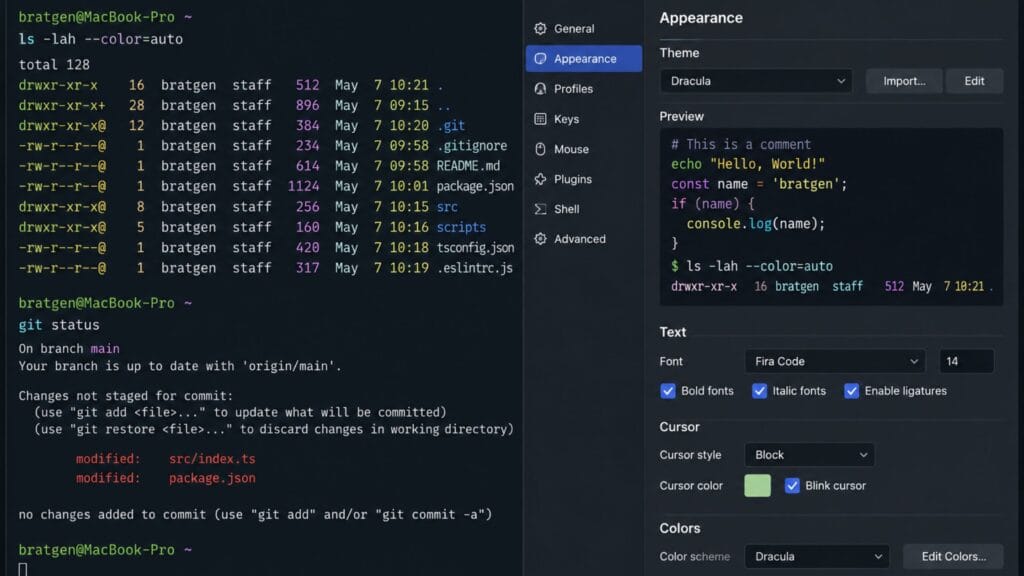 Terminal emulator custom color scheme and font configuration with syntax highlighting and appearance settings panel