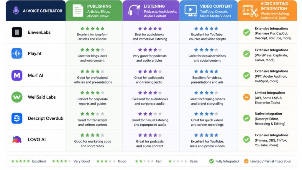 best AI voice generators comparison chart by use case