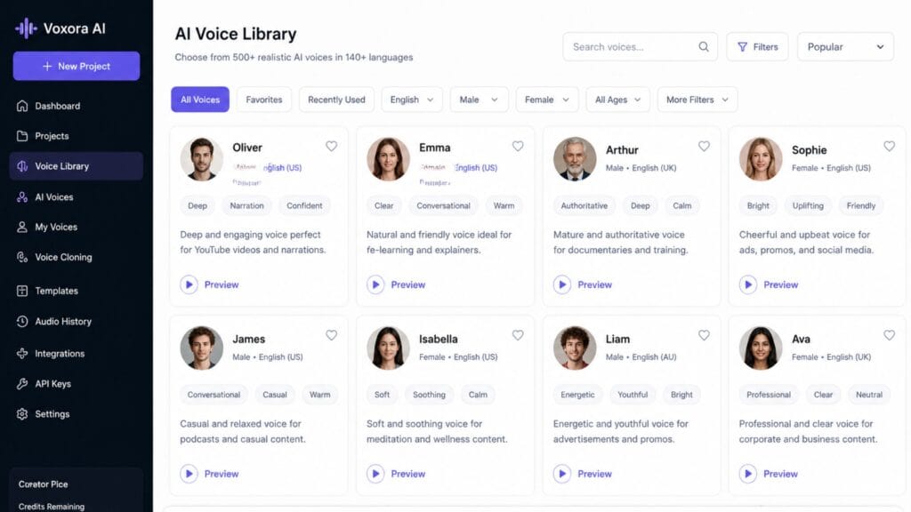 best AI voice generators voice library and selection screen