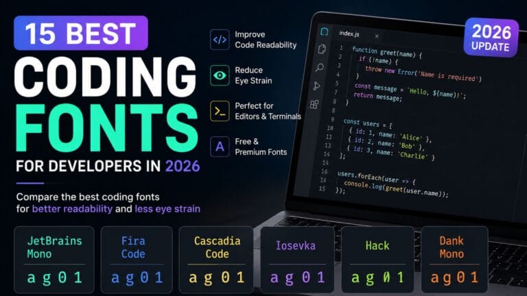 Best coding fonts comparison for developers in 2026 featuring JetBrains Mono, Fira Code, Cascadia Code, and other popular programming fonts.