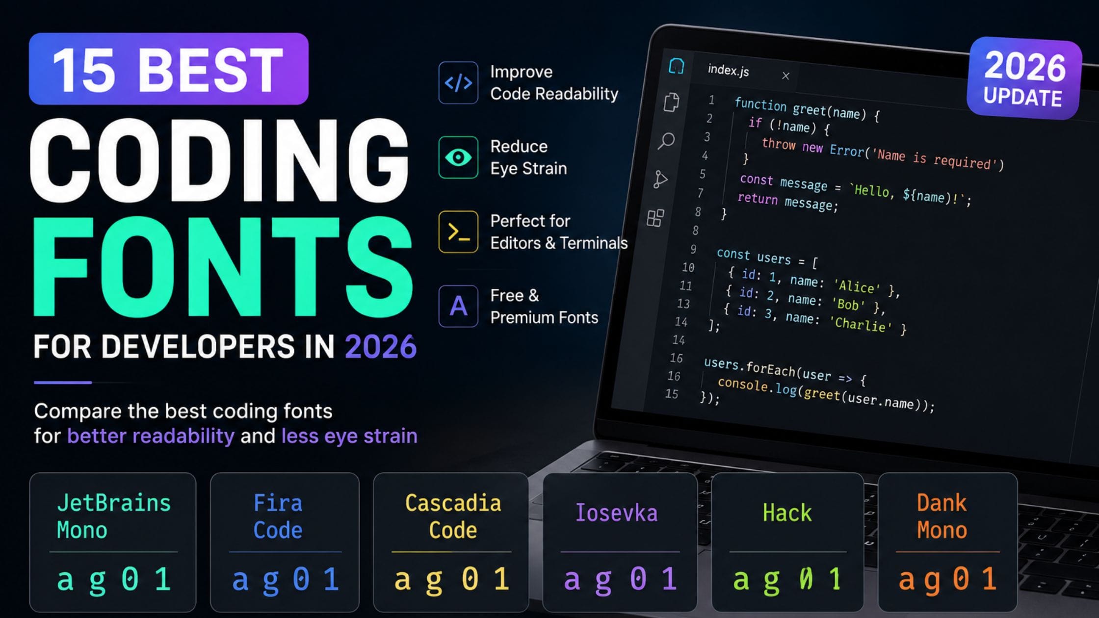 Best coding fonts comparison for developers in 2026 featuring JetBrains Mono, Fira Code, Cascadia Code, and other popular programming fonts.