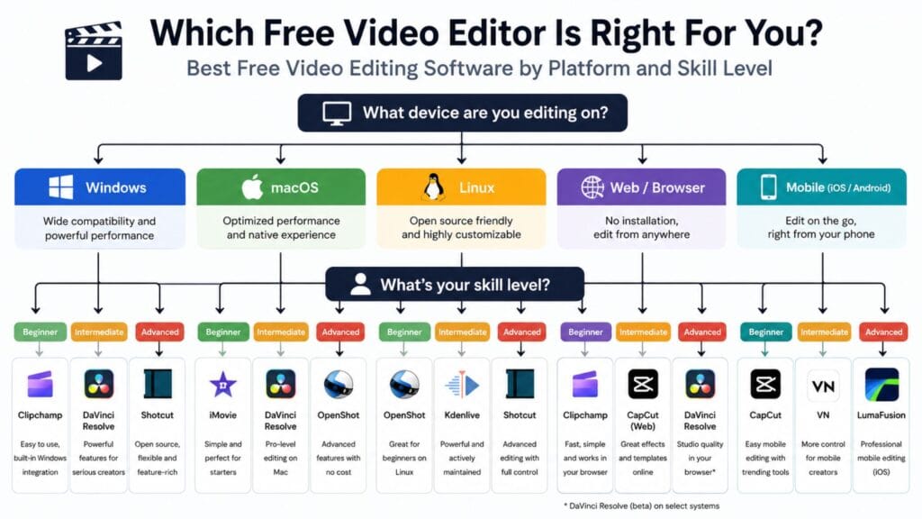 best free video editing software decision chart by platform and skill level