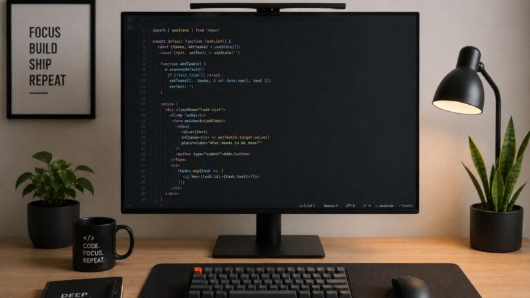 distraction-free coding environment desk and editor setup
