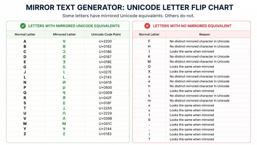 Mirror Text Generator: How It Works and Best Tools 3 mirror text generator Unicode letter flip chart