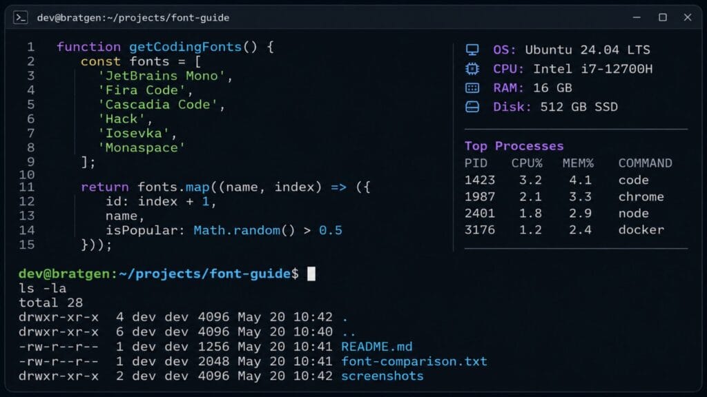 monospace coding font rendered in a terminal window for developers