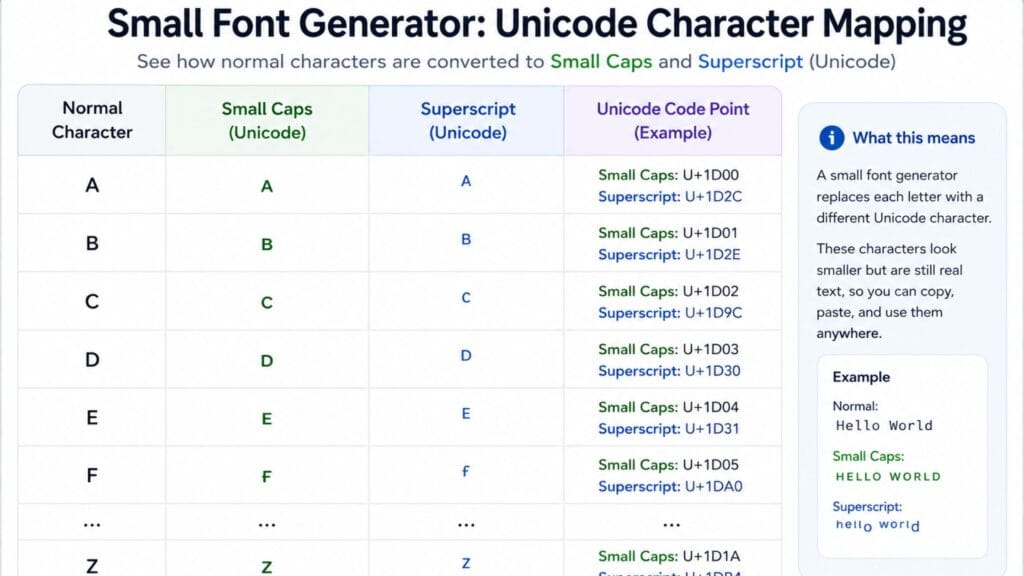 small font generator Unicode character mapping chart