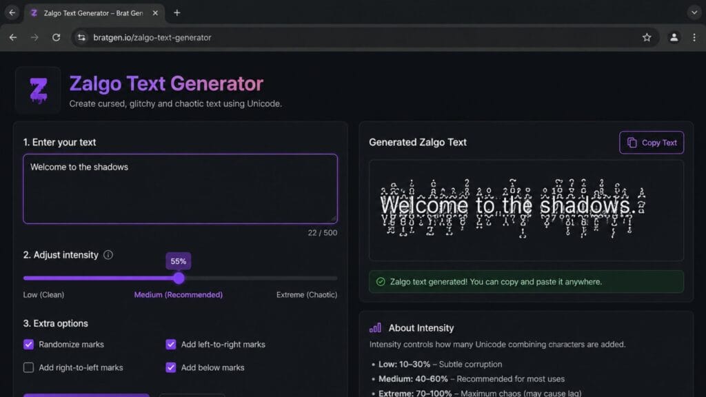 zalgo text generator tool with adjustable intensity slider