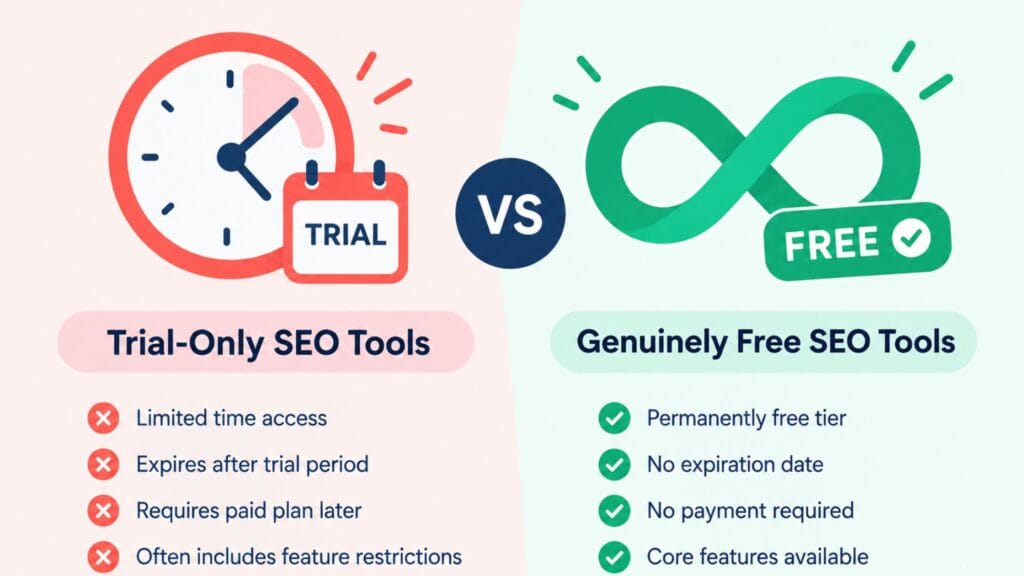 Best Free SEO Tools in 2026 (Tested Limits, Not Trials) 2 Free SEO tools versus trial only SEO tools