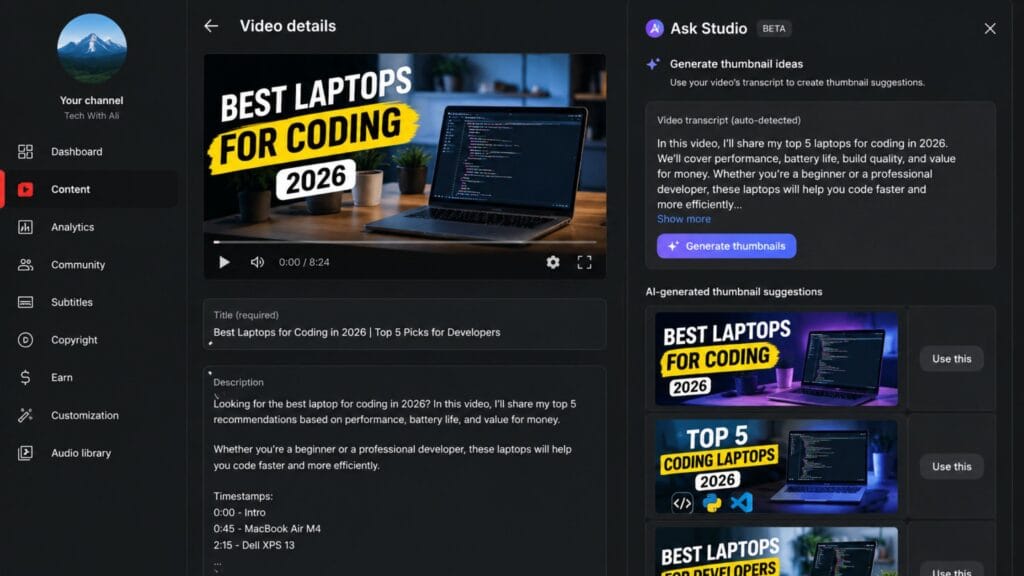 YouTube thumbnail maker built into YouTube Studio using AI suggestions