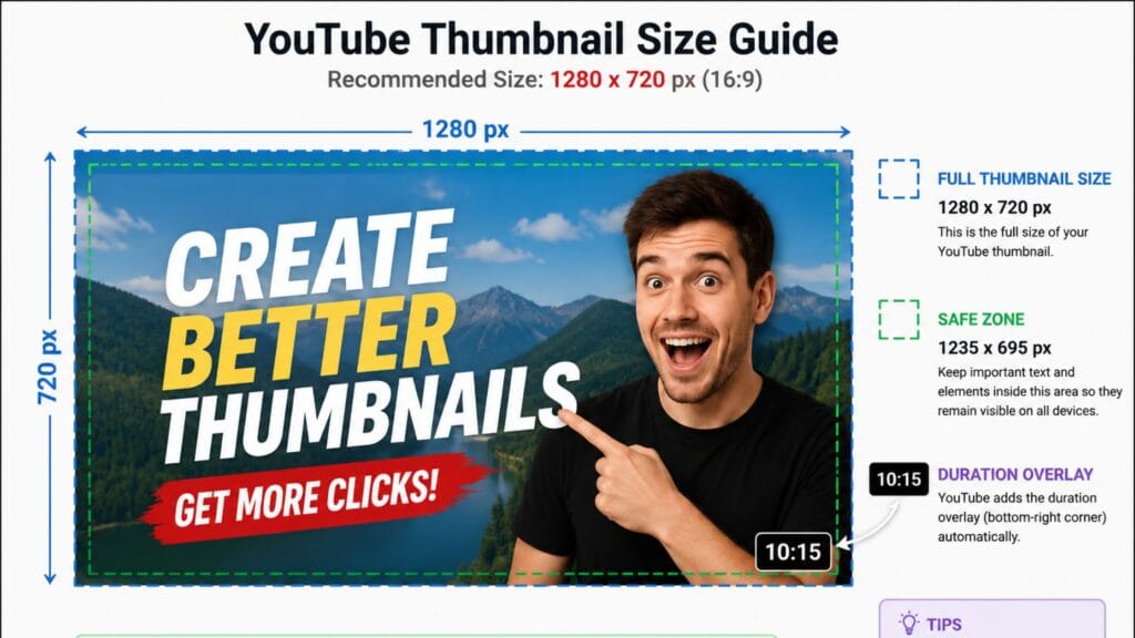 YouTube thumbnail maker size guide showing safe zone and dimensions