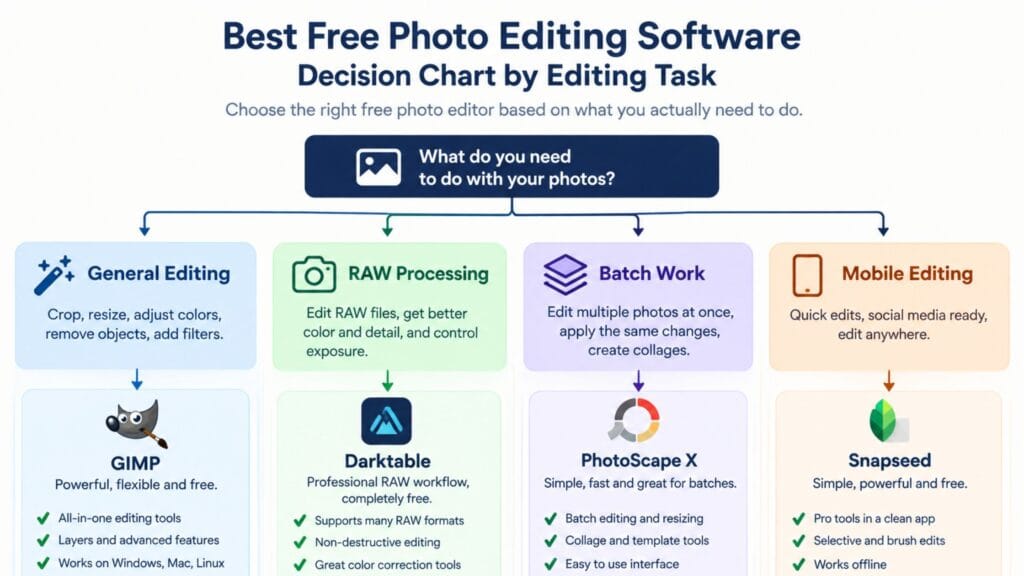 best free photo editing software decision chart by editing task