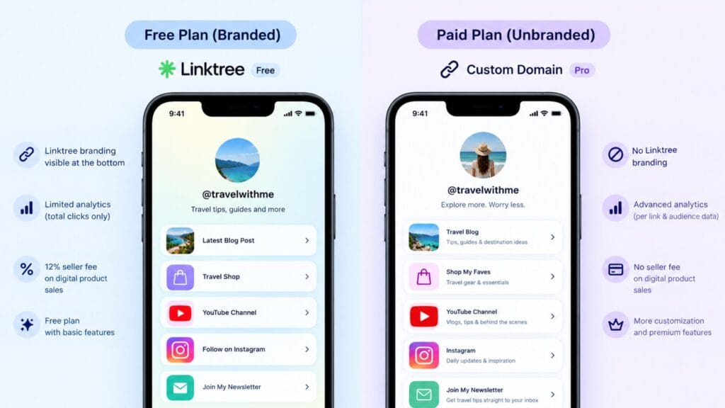 best link in bio tools comparing branded and unbranded page examples