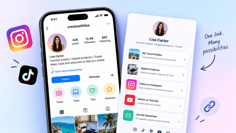 best link in bio tools shown on an Instagram profile and landing page