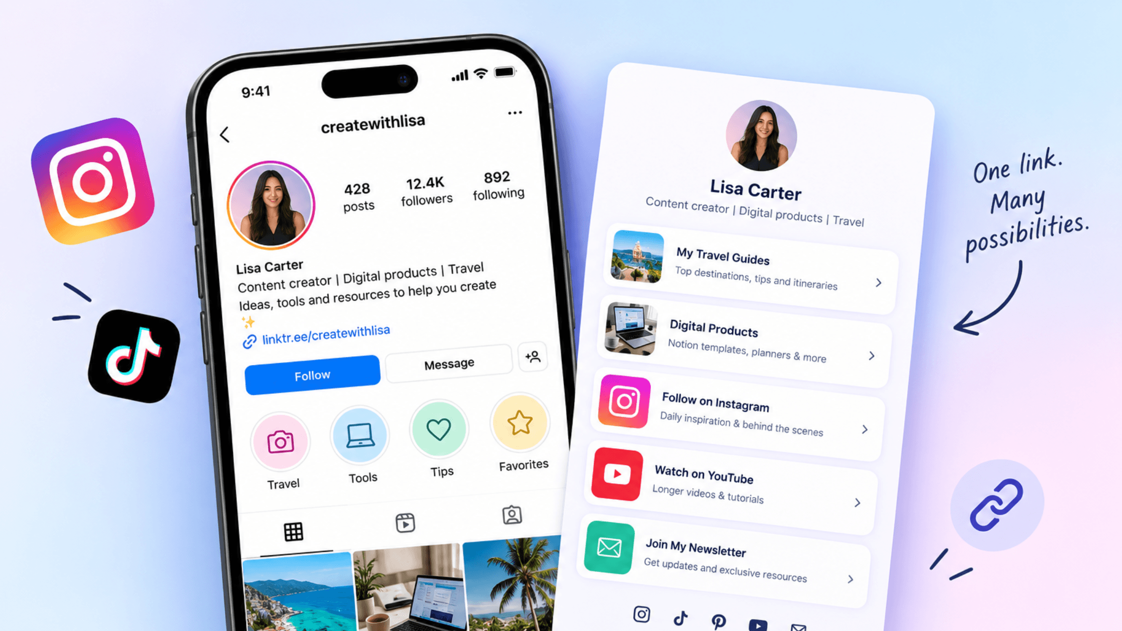 best link in bio tools shown on an Instagram profile and landing page