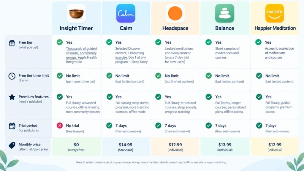 Best Meditation Apps in 2026 (Free and Paid Compared) 2 free tier limits for the best meditation apps